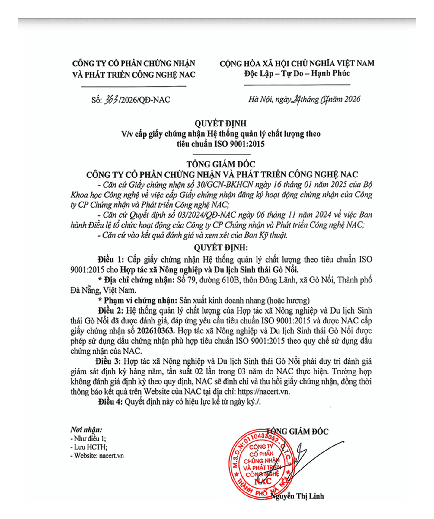 Quyết định cấp chứng nhận ISO 9001:2015