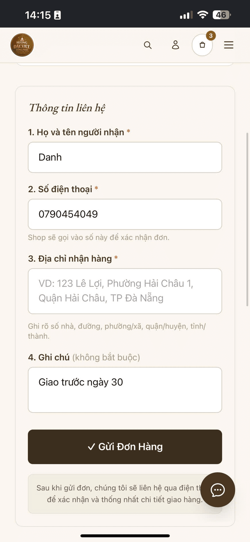 Mua nhanh bước 2: Điền thông tin nhận hàng (điện thoại)