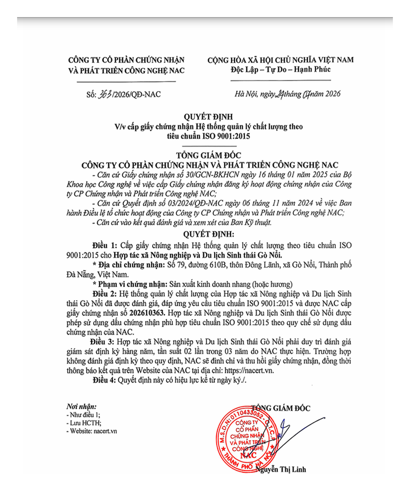 Quyết định cấp chứng nhận ISO 9001:2015
